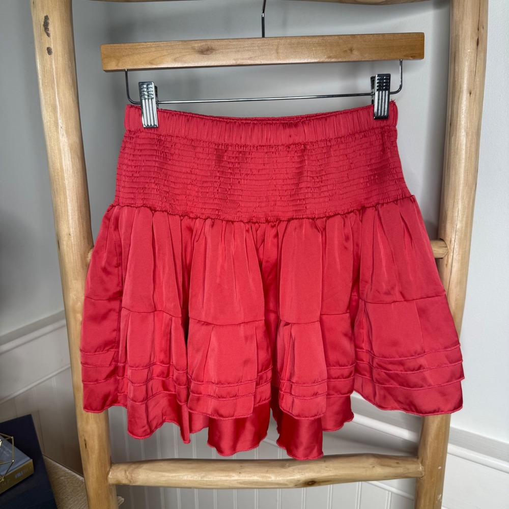 SHUG Coral Pink Smocked Tiered Ruffle Mini Skirt Size Large Satin Finish Flared